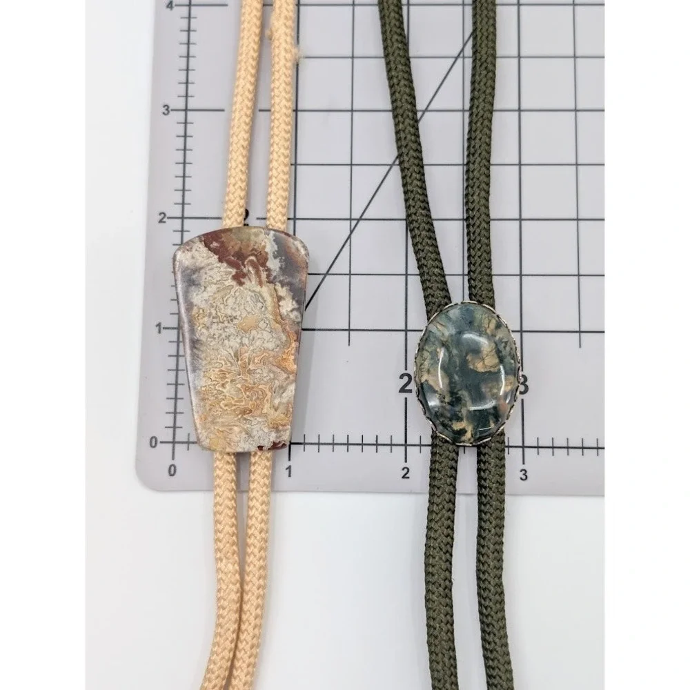 Lot of 2 Vintage Bolo Tie Green‎ and Tan Natural Stone Western Necktie Festival